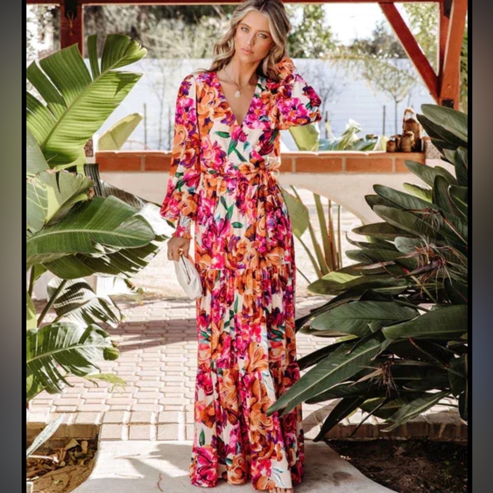 Floral Wrap Maxi Dress in Pink & Orange